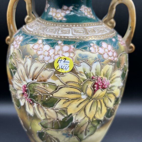 Nippon Rare Antique Hand Painted Floral Two Handed Vase Ruffled Rim 3D Bloomcore - Picture 15 of 15